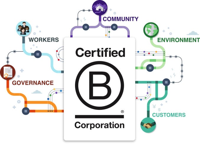 Infographic showing the key components of B Corp: workers, community, environment, customers, governance