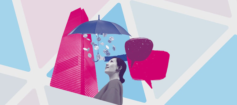 Illustration showing a woman, skyscraper, umbrella with falling coins and speech bubbles