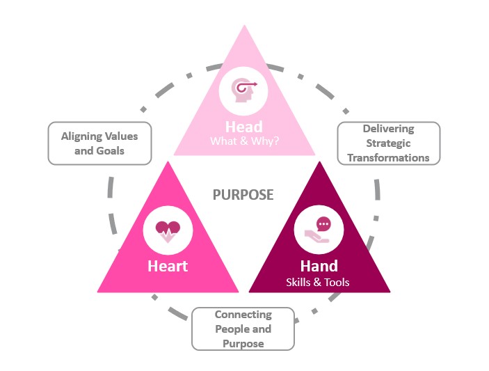 An infographic showing the need for head, heart and hand when considering purpose