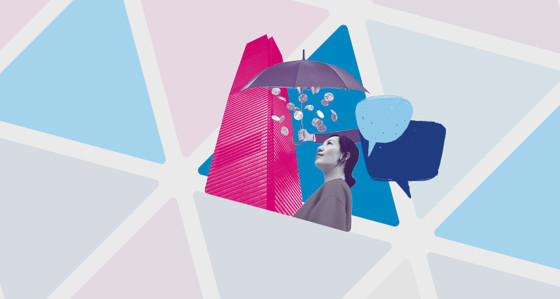 Artwork showing a woman looking at a skyscraper and an umbrella with coins