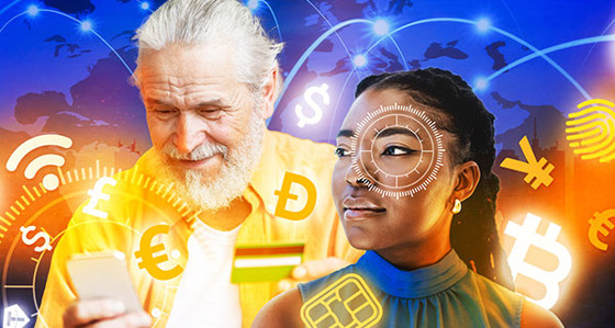 Artwork of man using a smartphone and woman looking ahead with monetary symbols
