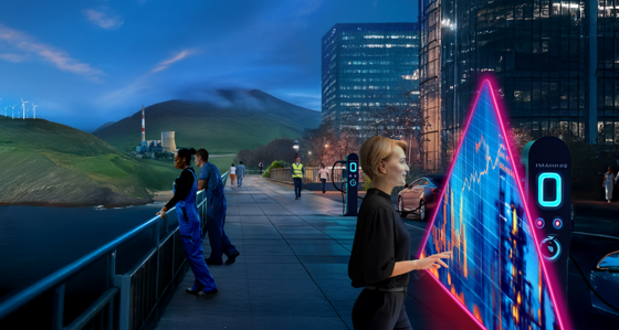 People walking by the seashore with a woman looking at data through a triangle
