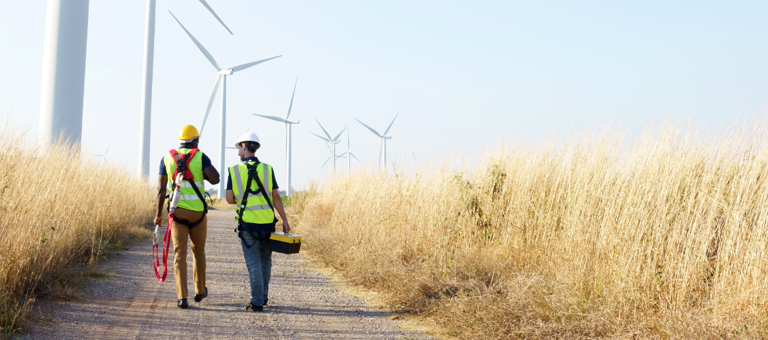 Workers walking along an onshore windfarm