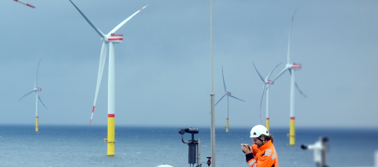 A engineer surveying wind turbines at sea