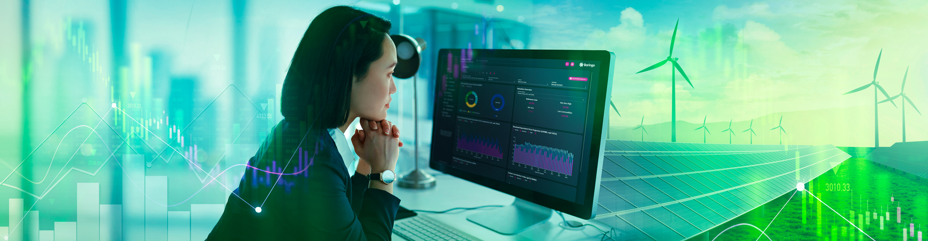 Woman looking at data on a computer screen