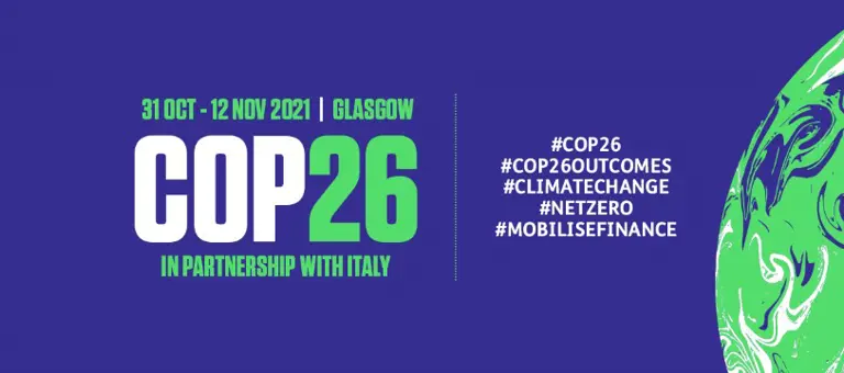 Cop twenty-six banner with dates and social media hashtags