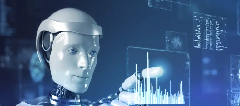 Artificial intelligence robot control futuristic data screen