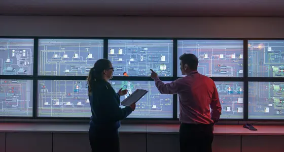 Two workers looking at screens