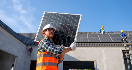 Worker carrying a solar panel