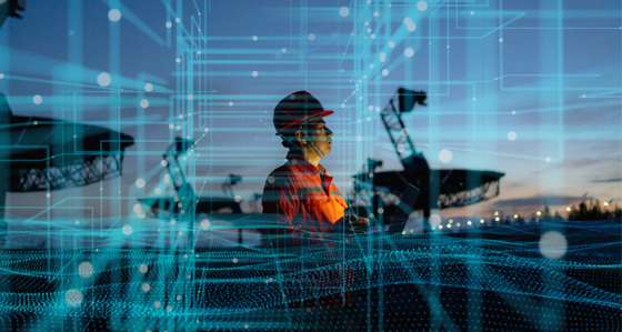 Worker in hard hat with satellite dishes, digital grid.