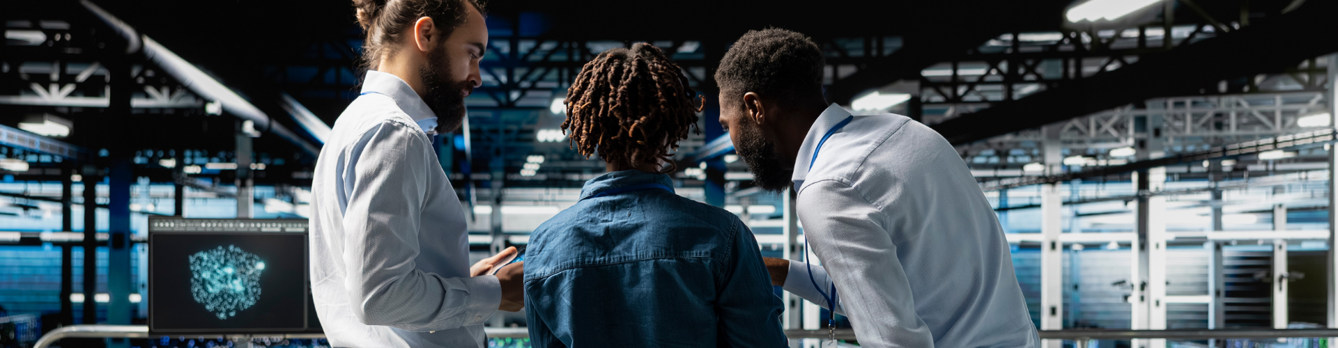 Three people working together