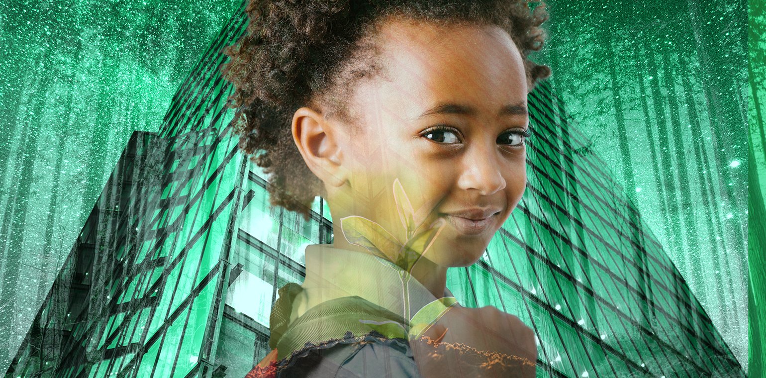 Girl with leaf and city background