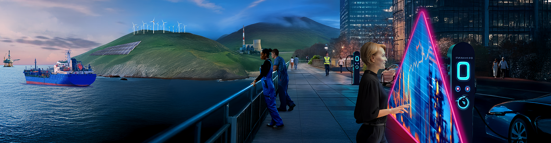 People walking by the seashore with a woman looking at data through a triangle