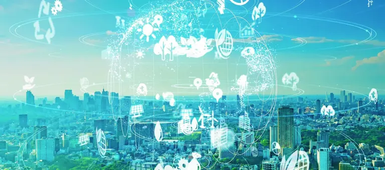 A cityscape with digital icons overlay