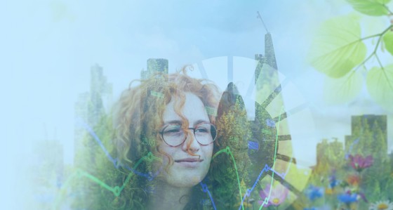 Artwork depicting a woman, skyscrapers, plants and graphs