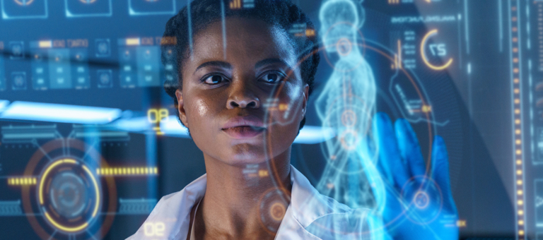 Person standing before futuristic displays showing human anatomy and DNA strands