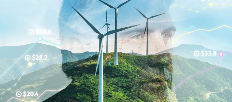 A man's head superimposed over a hillside with wind turbines and data graph overlay