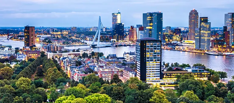 Rotterdam centre showing the Erasmus Bridge crossing the Nieuwe Maas