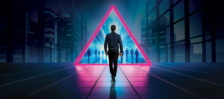 Man walking through triangle-shaped portal
