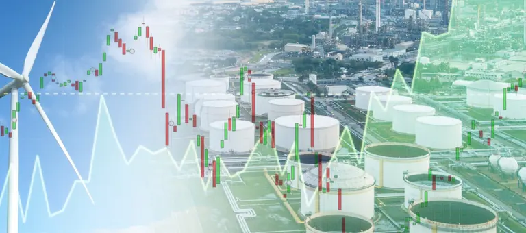 A wind turbine and gas storage facility with digital graphs overlay