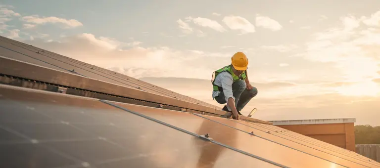 Male maintenance engineer walking with toolbox in the wind turbine field.