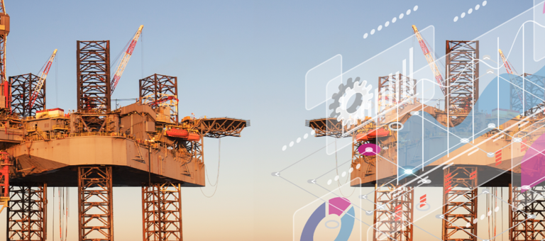 Two oil rigs at sea with a graphics overlay