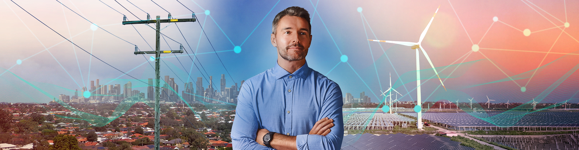 standing man electricity network pole wind turbine