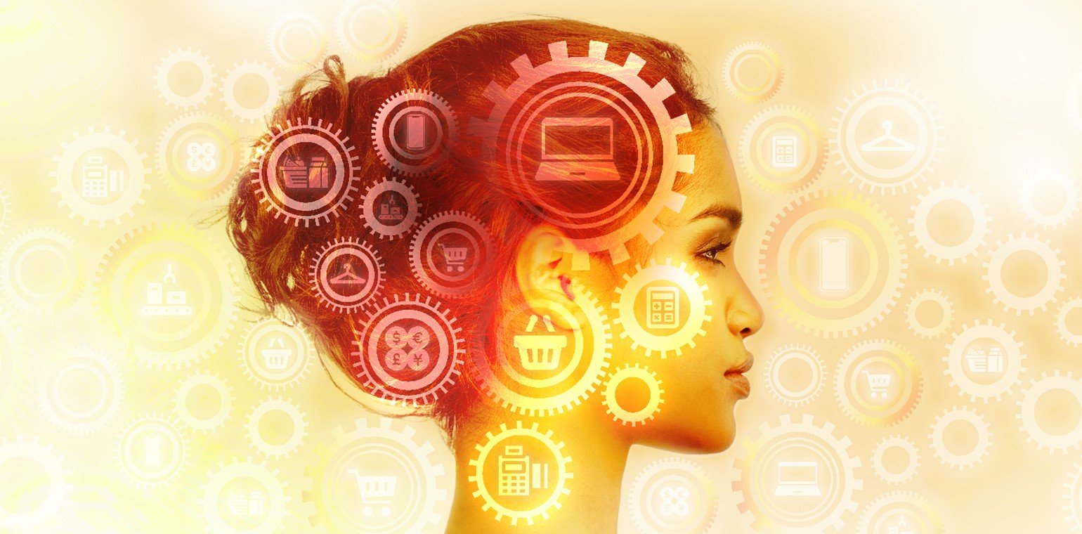 Retail icon images superimposed over the side profile of a woman's head