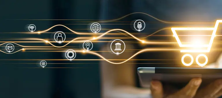 A hand holding a tablet with symbols above it