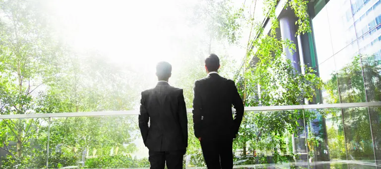 Two businessmen looking at a garden