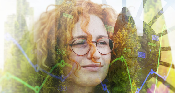A woman's face superimposed on a city skyline covered in plants