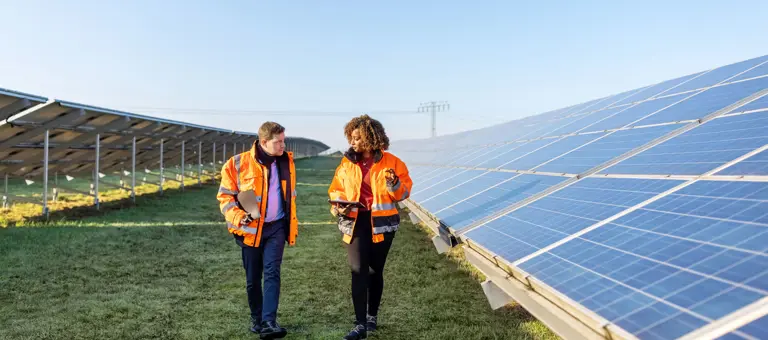 Two workers walking between rows of solar panels