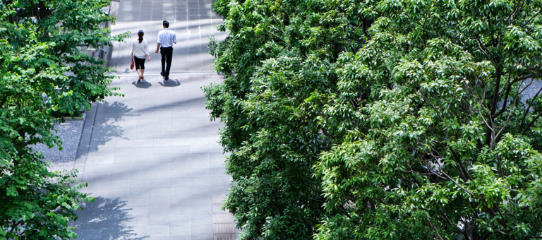 Two people walking down tree lined street