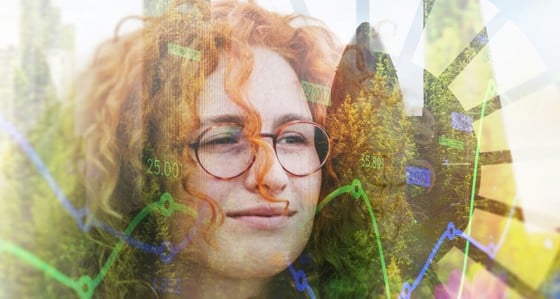 A woman and symbols superimposed over a leafy green background
