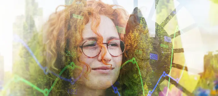 A woman and symbols superimposed over a leafy green background
