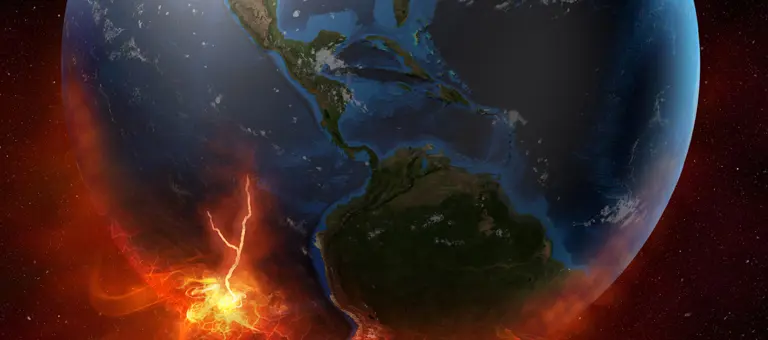 Earth from Space with a lightning bolt and fire
