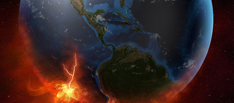 Earth from Space with a lightning bolt and fire