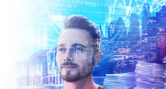 Man superimposed over a cityscape