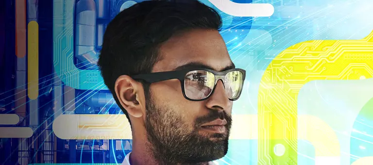 A man's face superimposed on a background with pipes and electronic circuits