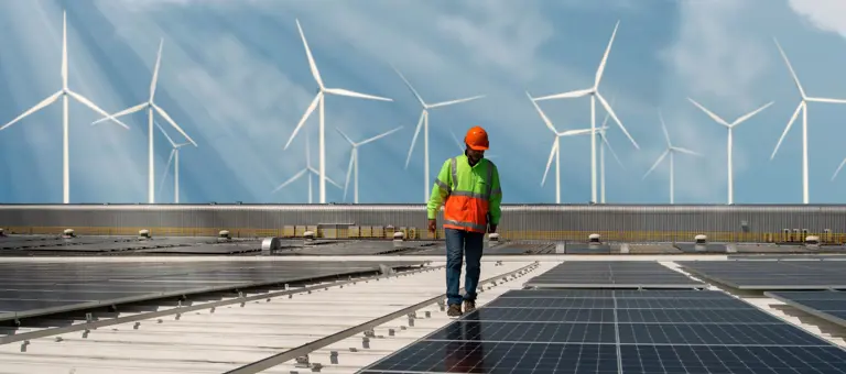 Worker inspecting solar panel