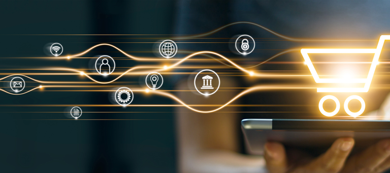 Digital icons superimposed over the image of a woman holding a tablet
