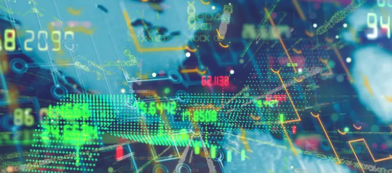Digits and computer graphics superimposed over a map of the world
