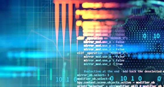 A collage of computer code and computer graphics
