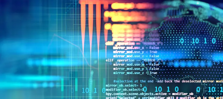 A collage of computer code and computer graphics