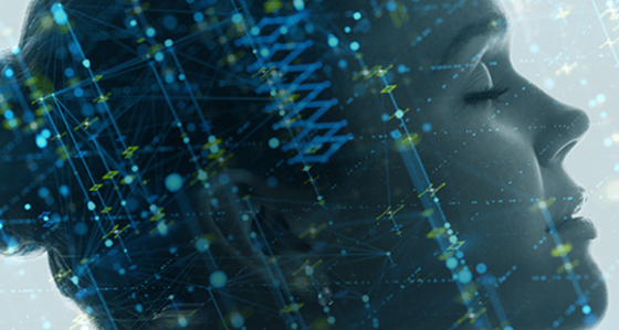 Blue silhouette of a woman's head with digital graphics overlay