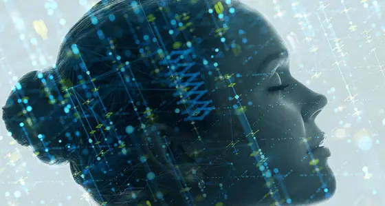 Side profile of a woman's head with digital graphics overlay