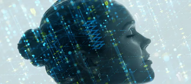 Side profile of a woman's head with digital graphics overlay