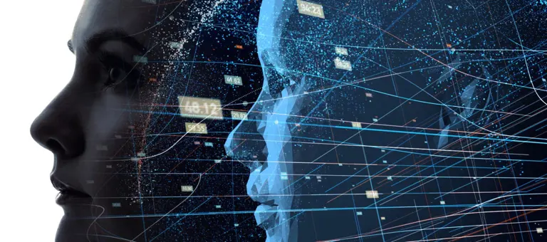 Profile of a woman's head with a digital image of a woman's head