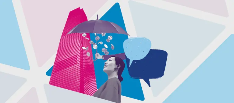 Artwork showing a woman looking at a skyscraper