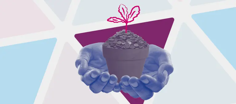 Hands holding a pot of flowers filled with coins
